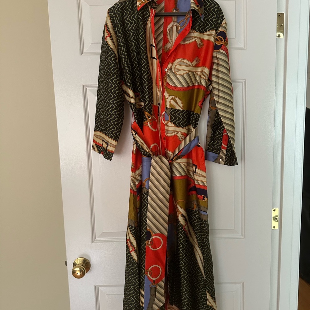 Zara Red, Olive, Black and Cream Patterned Long Shirt Dress